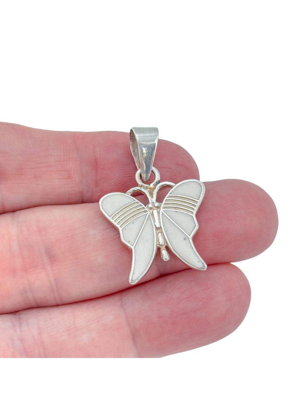 Vintage Mexico Taxco Sterling Silver 925 White Enamel Butterfly Pendant